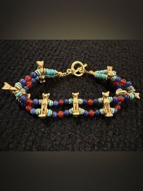 Vintage Museum Reproductions Egyptian Bastet Cat Multi Bead Bracelet 6.5 In